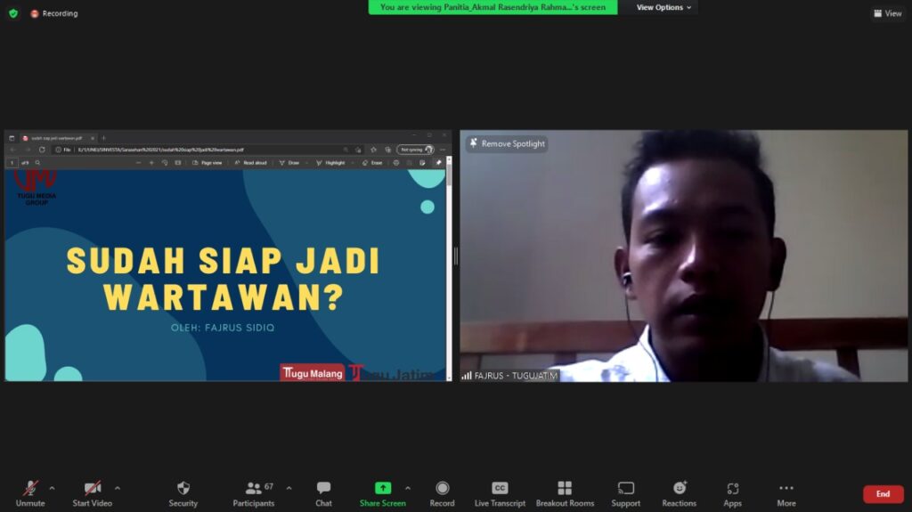 Penyampaian Materi oleh Kak Fajrus Shiddiq yang merupakan Wartawan di Tugu Jatim